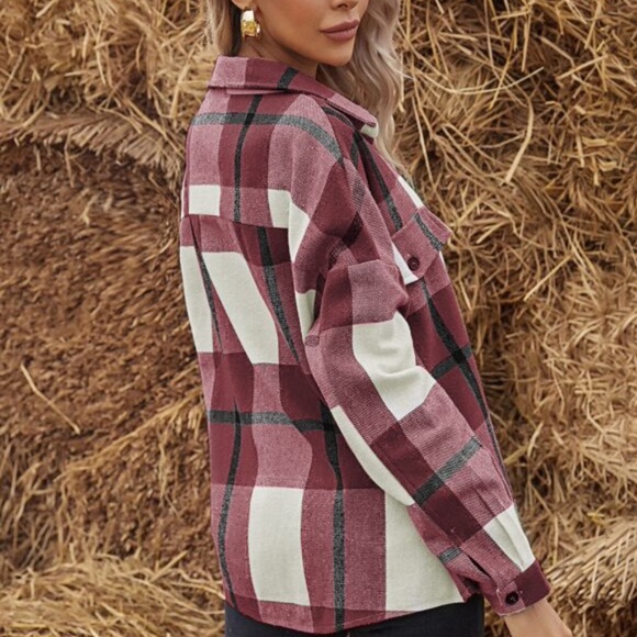 Plaid Khaki Tan pocket button up shacket Top Oversized - Picture 4 of 11